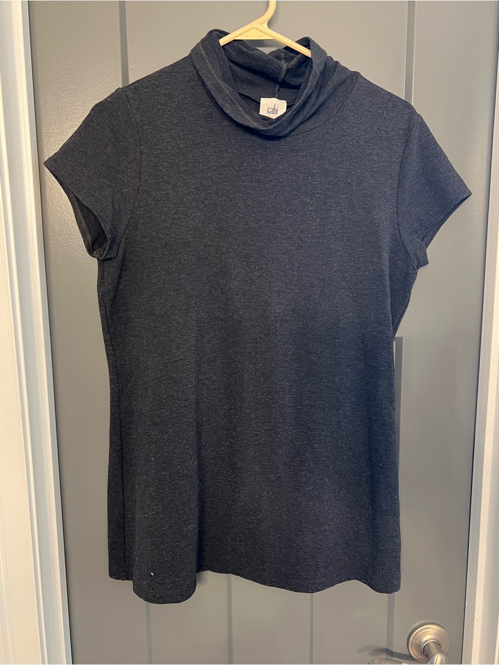 CAbi Short Sleeve Cowl Neck Top in Charcoal Black